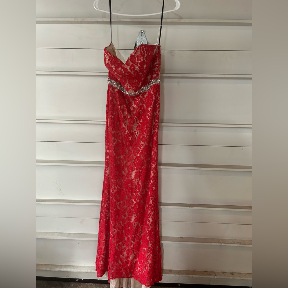 Alyce Paris Red Lace Dress with Silver Details